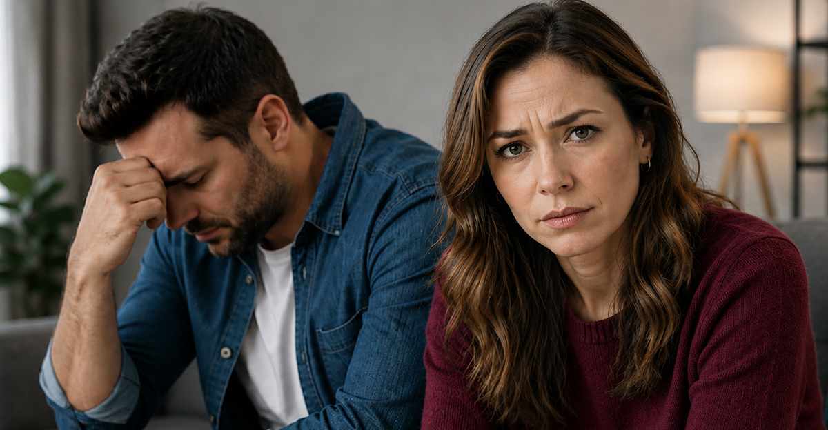 AI-generated image of a couple worried about job loss and financial support.