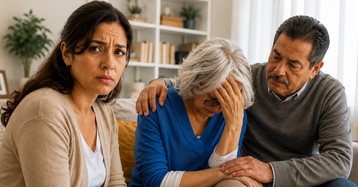 AI-generated image of woman sitting on sofa next to mature couple