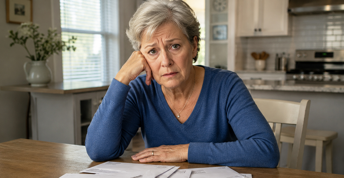 AI-generated image of a woman worried about debt collectors.