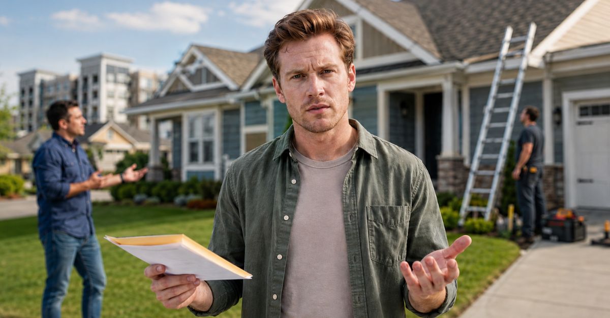 uncertain and thoughtful man holding documents, standing in front of a house undergoing repairs