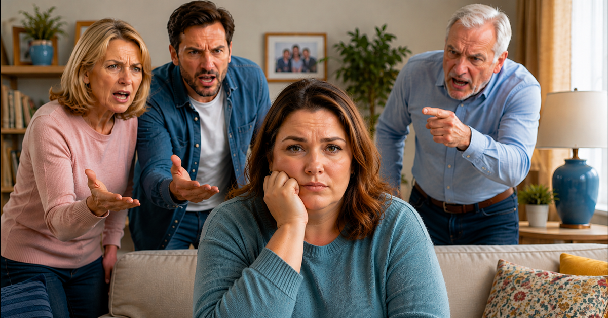 White woman sitting surrounded by angry family members