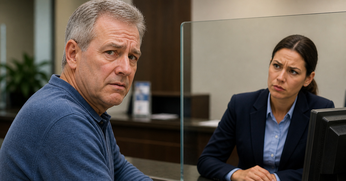 Older man looking concerned with a bank teller who looks suspicious