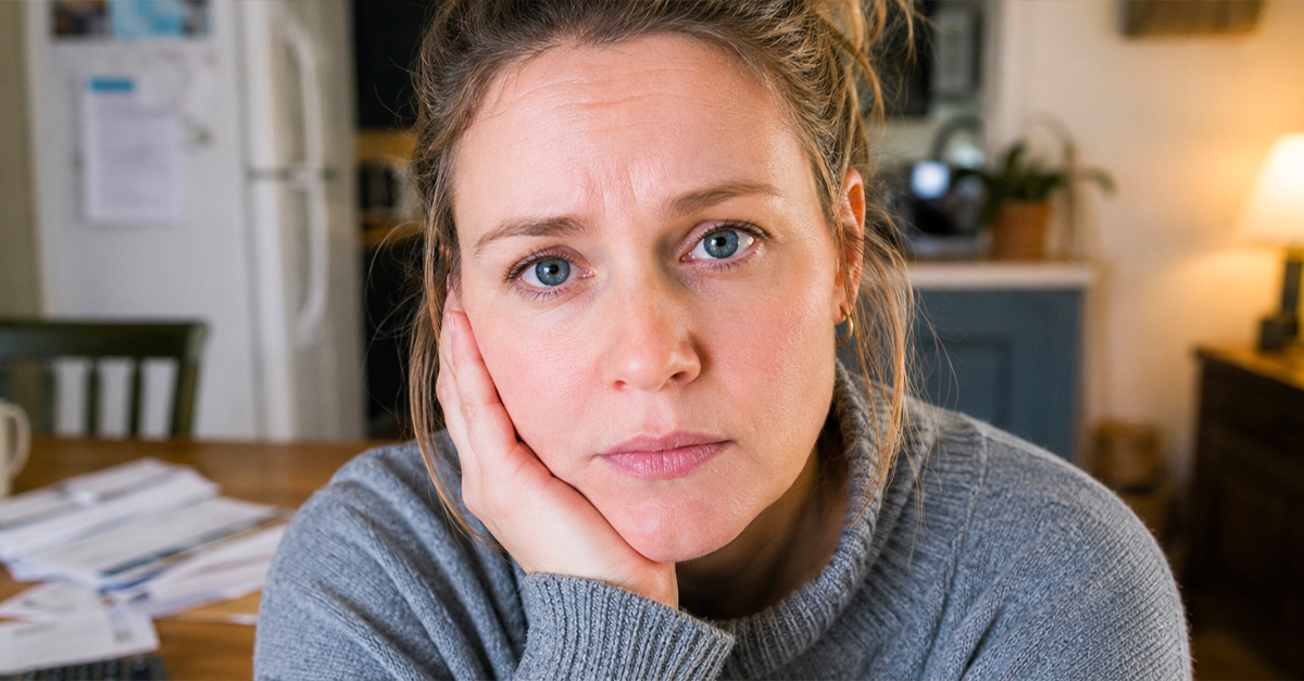 Blonde woman wearing a grey sweater, looking nervous.