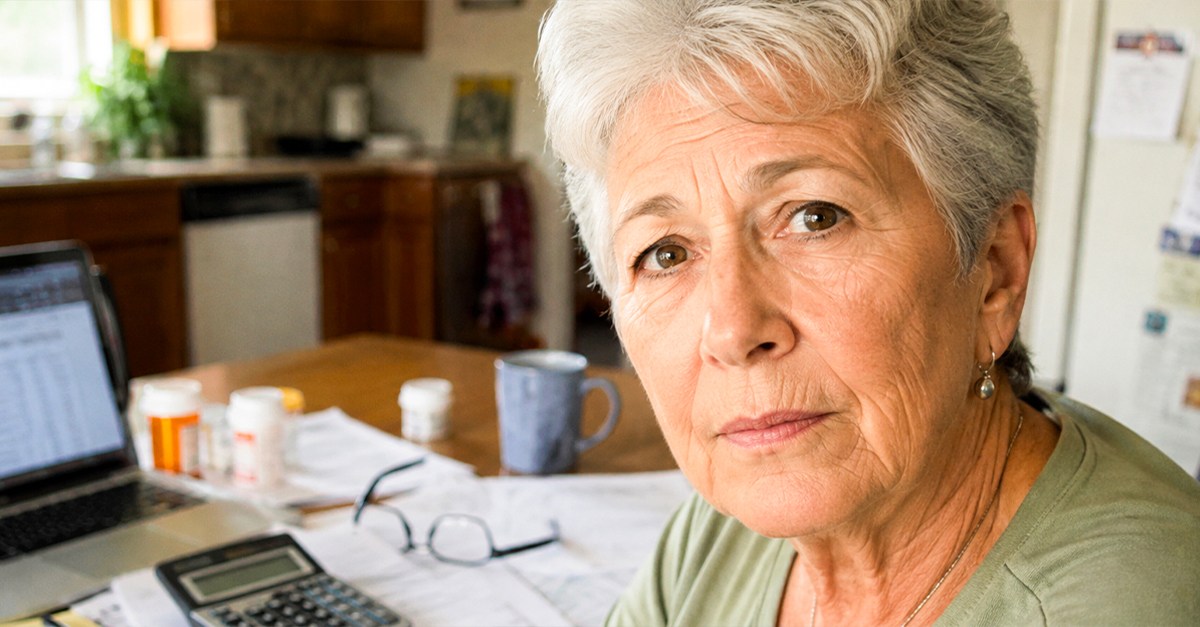 Elderly woman looking worried with her desk and laptop in the background.