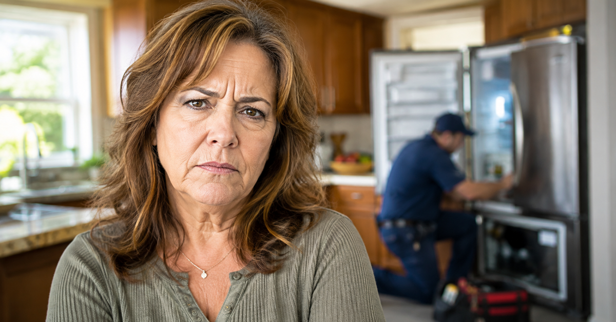 AI-generated image of a frustrated woman standing in kitchen while technician repairs refrigerator