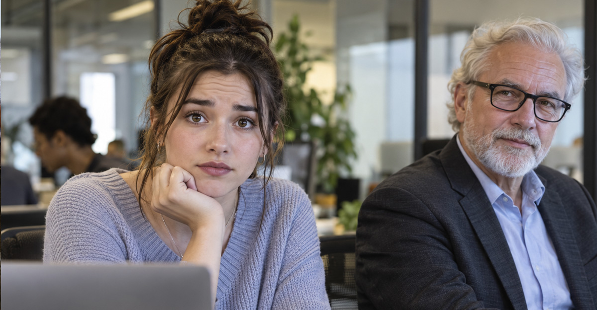 AI-generated image of a Gen Z employee and a Baby Boomer employee working together.