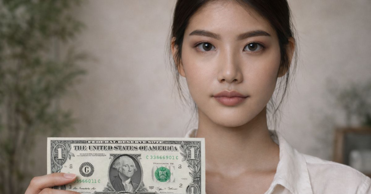 Woman holding a one dollar bill