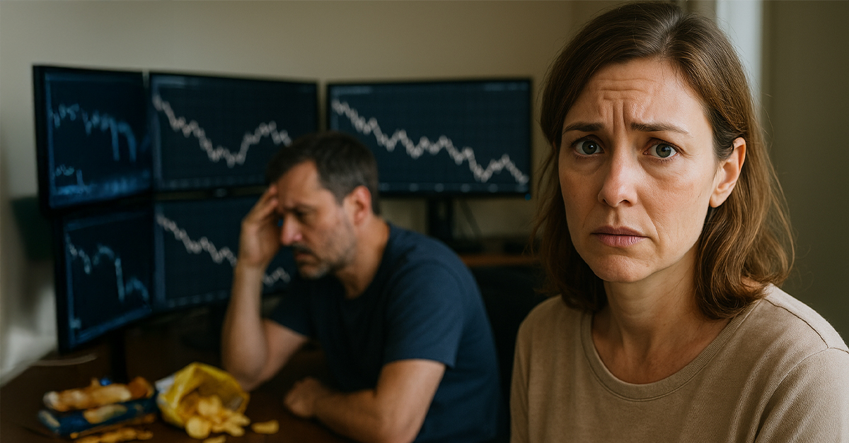 My husband has made 30K on the stock market since last year. But now he's a nervous wreck and checking his feed 24/7. What should I do?