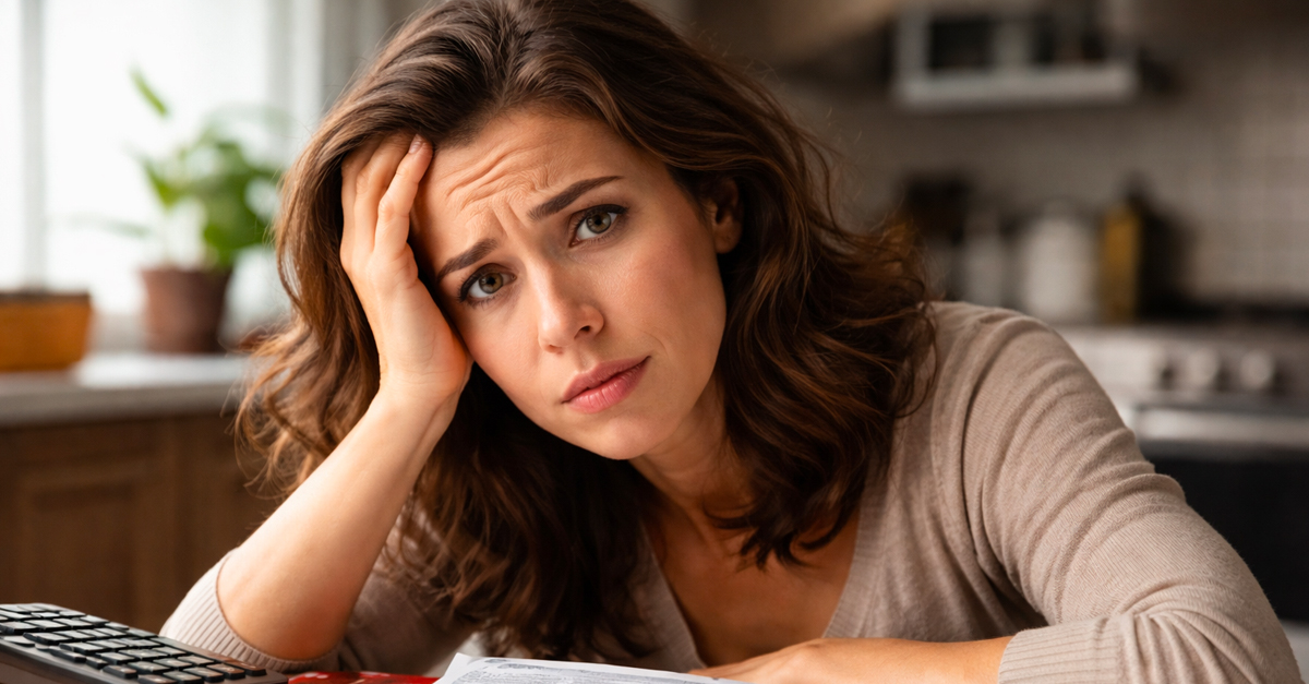 woman worried about debts at desk with bills