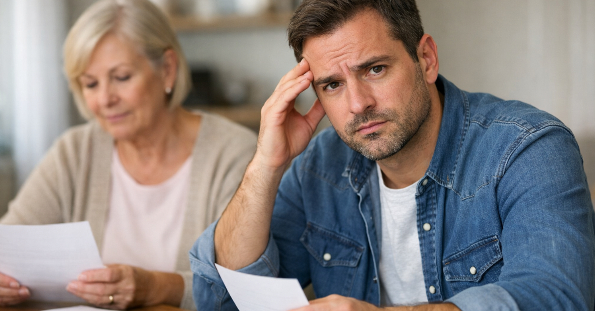 Concerned man and mother reviewing documents