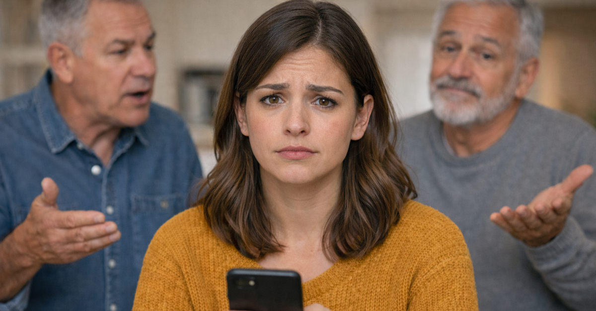 Concerned woman with two elderly men