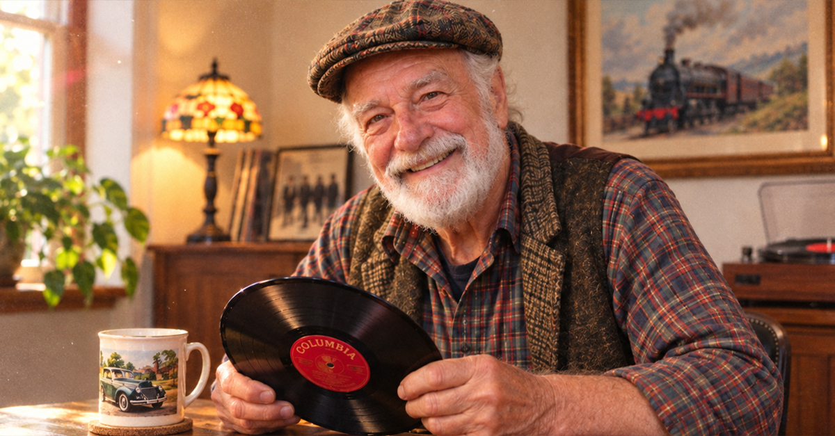 Happy, older, bearded man holding a record and surrounded by his collections.