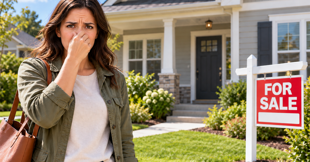 Disgusted woman holding nose in front of house with For Sale sign.
