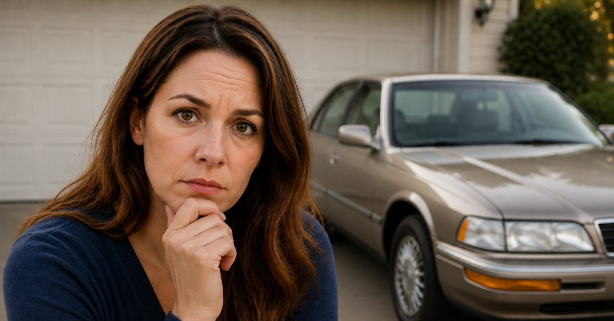 Pensive woman with vintage car in the background