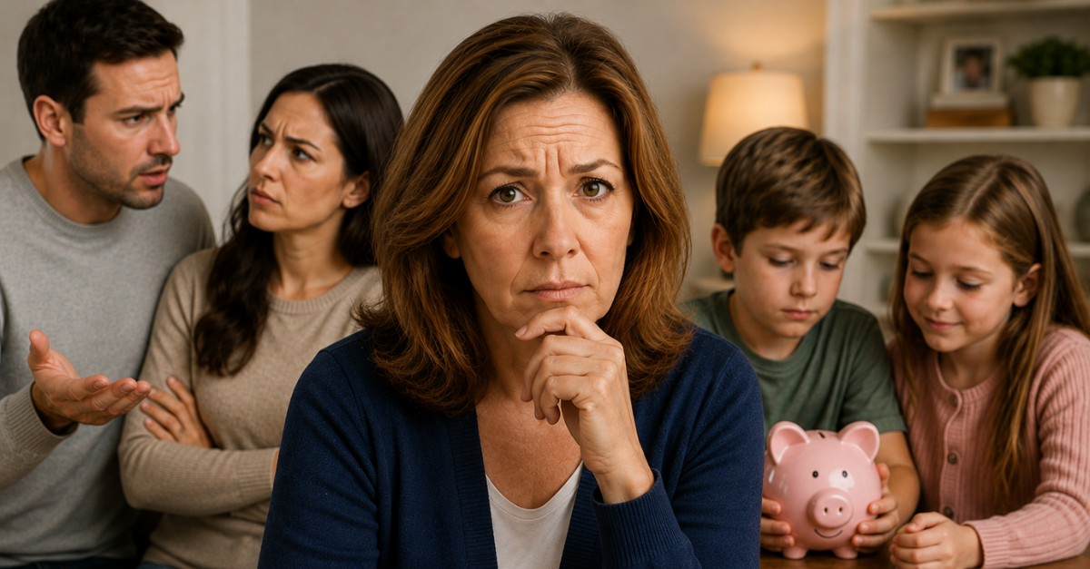 Worried woman between children and grandchildren