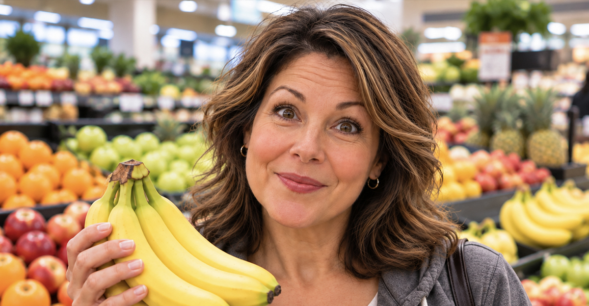 AI-generated image of a cheerful woman at the grocery store.