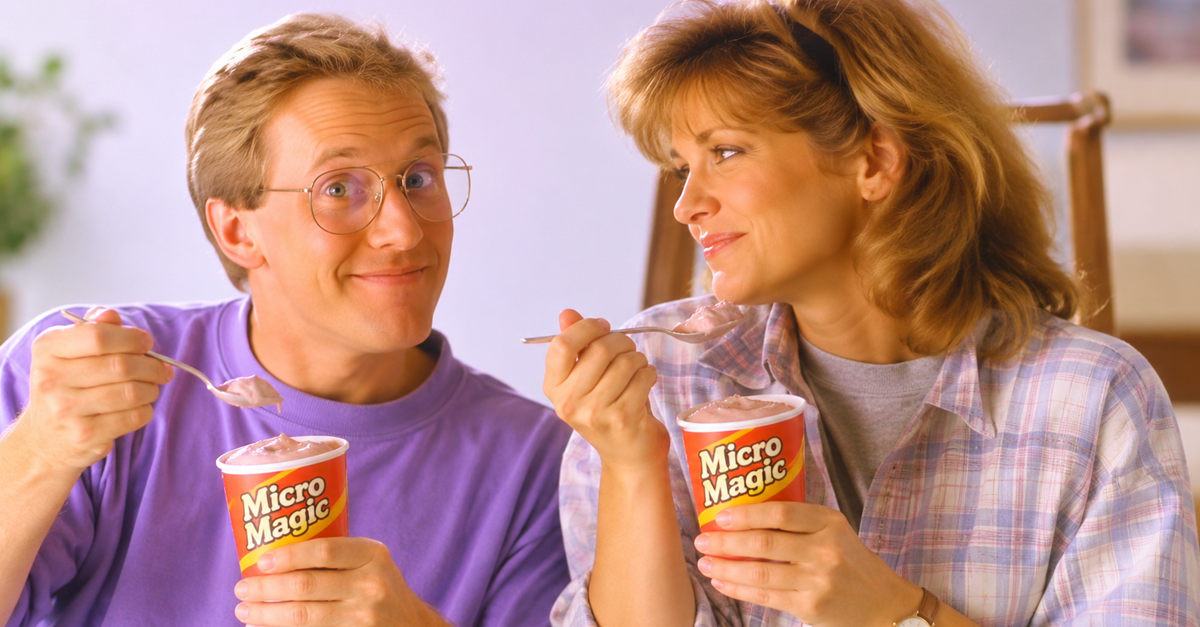 AI-generated image of a man and woman holding Micro Magic's frozen milkshakes