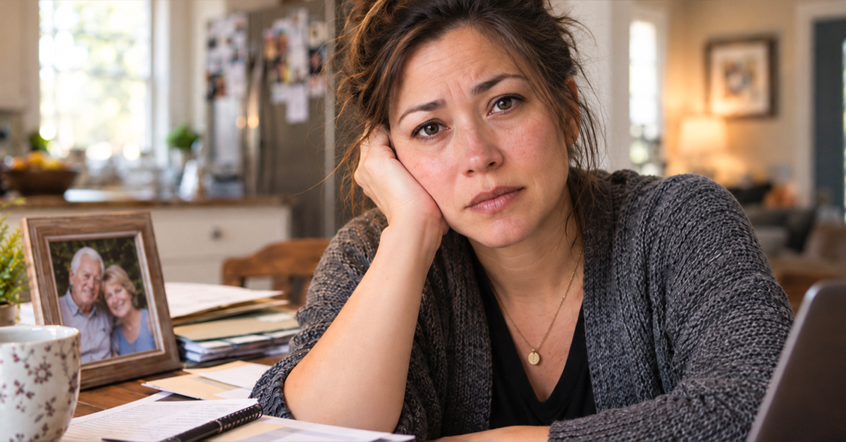 Worried biracial woman in her parents' house, surrounded by paperwork. A photo of her parents next to her.