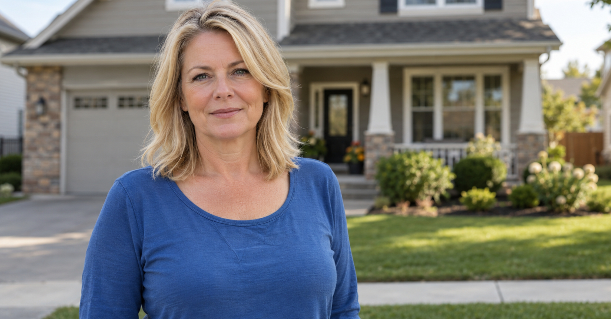 Woman standing in front of house in suburbs