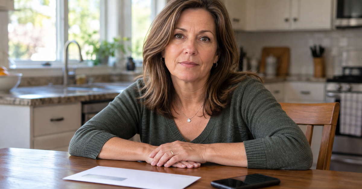 Woman sitting at kitchen table looking at camera