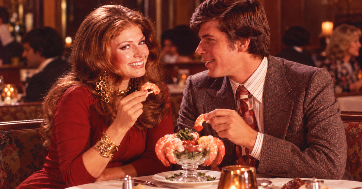 AI-generated image of 70s couple eating shrimp cocktail