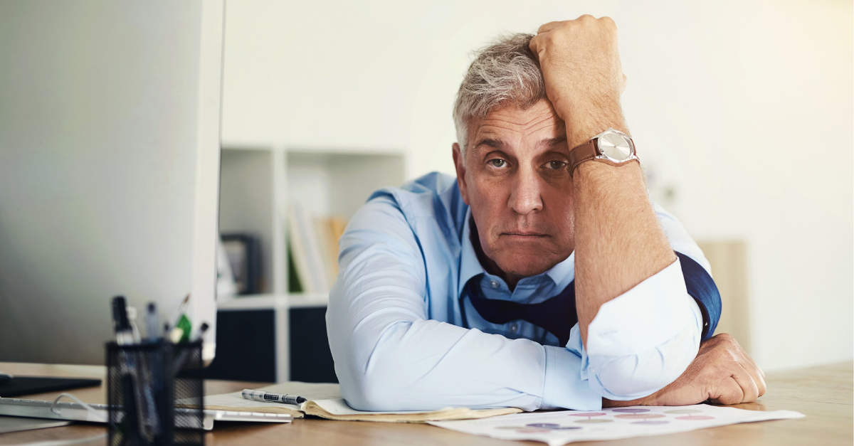 Mature, businessman and portrait with stress in office for burnout