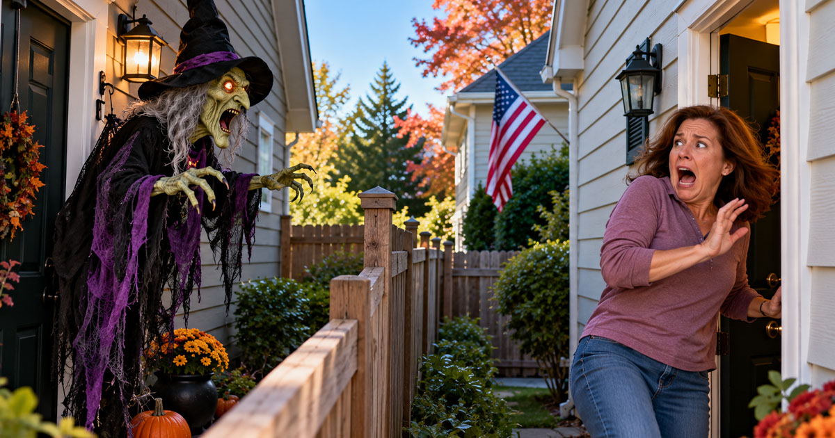Woman being scared by a witch decoration