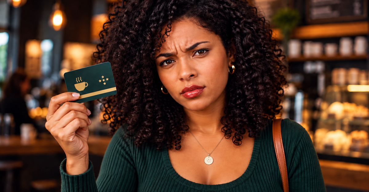 AI-generated image of woman holding loyalty card in coffee shop