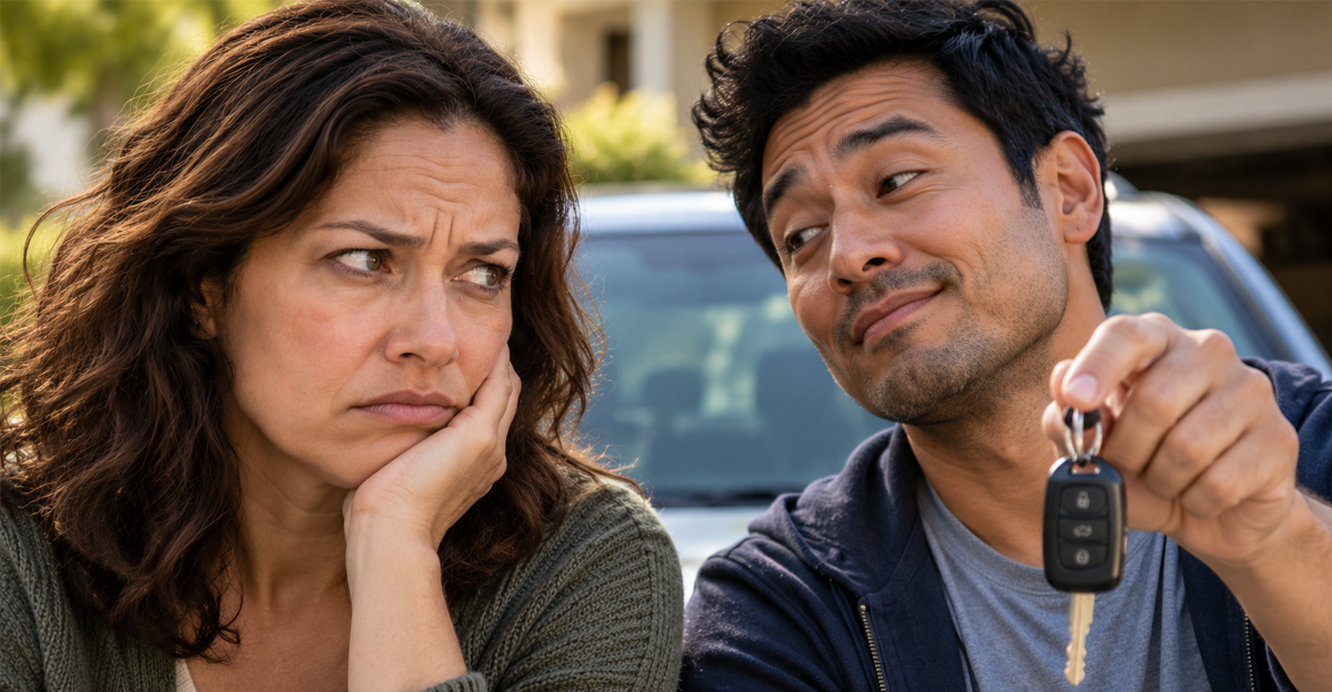 woman upset at brother who's smugly holding car keys