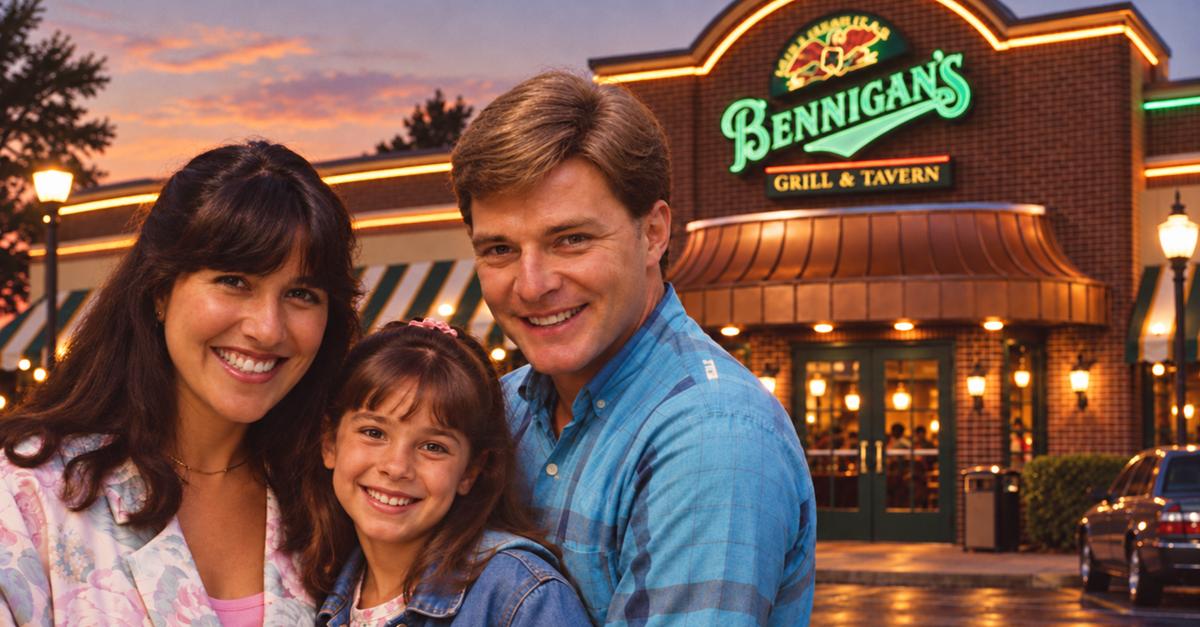 AI-generated image of a family in front of a Bennigan's restaurant