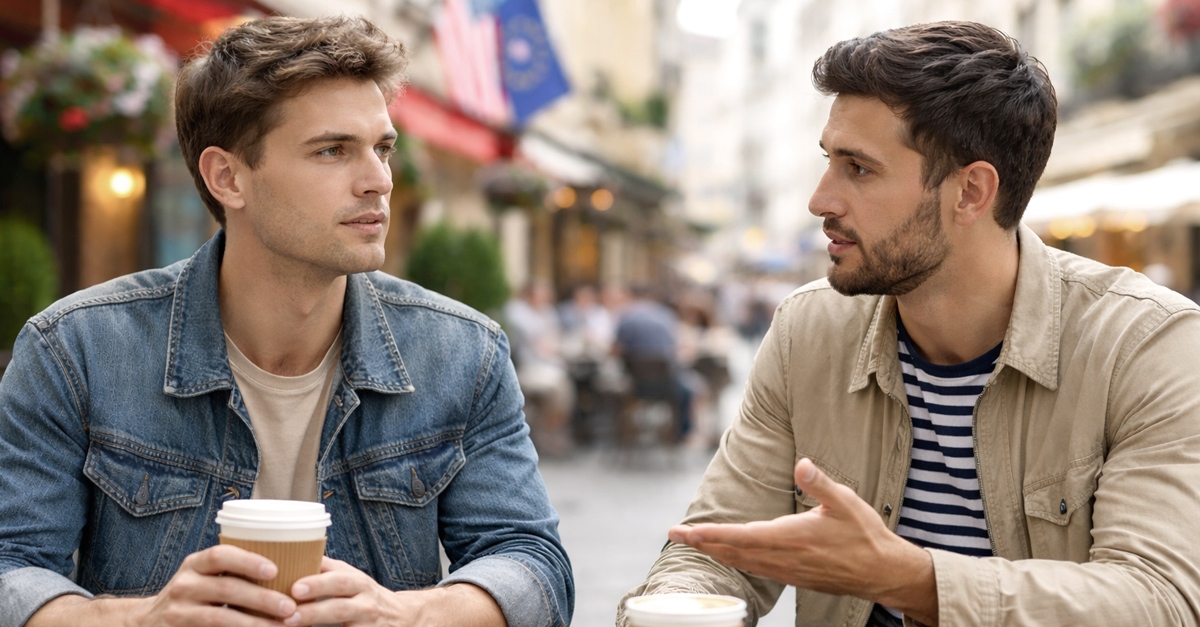 Two men, an American and a European, talking at an outdoor cafe