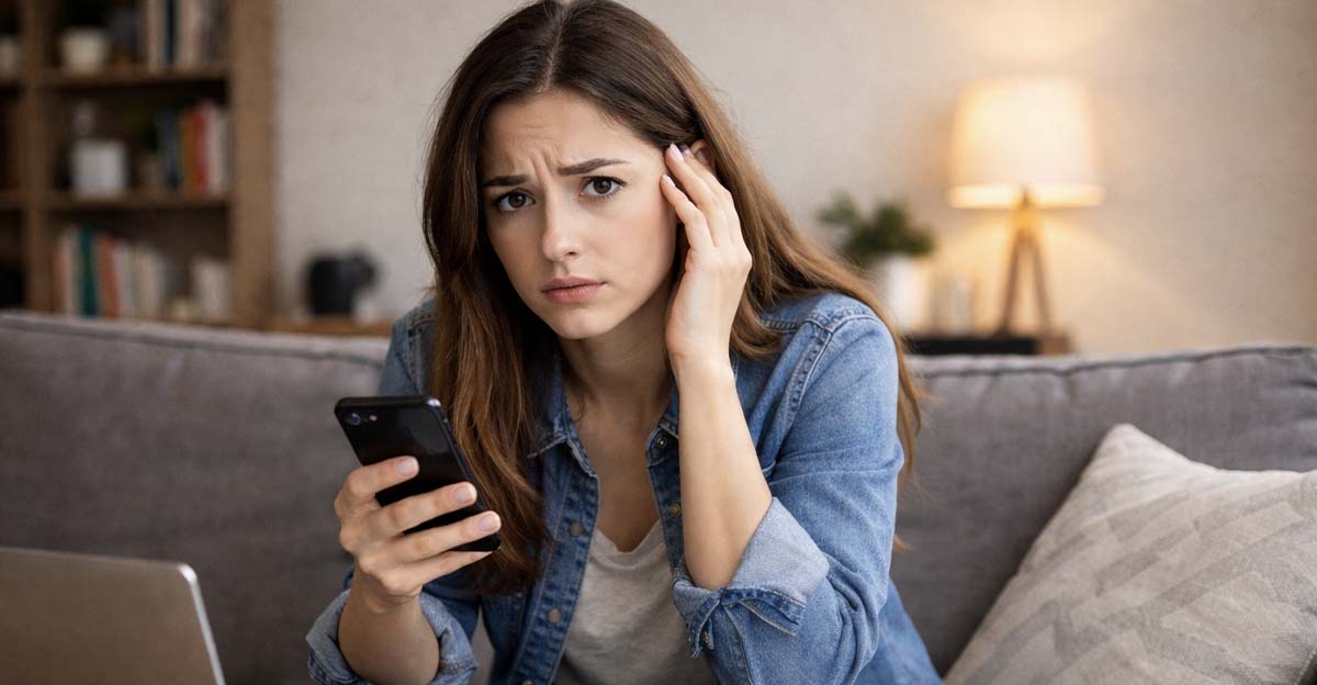 Concerned woman on a cozy couch