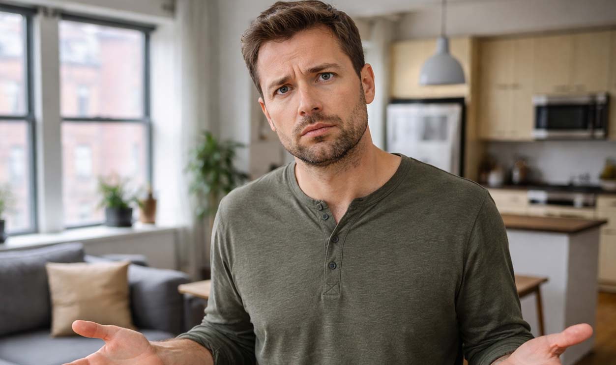 Perplexed man in modern apartment