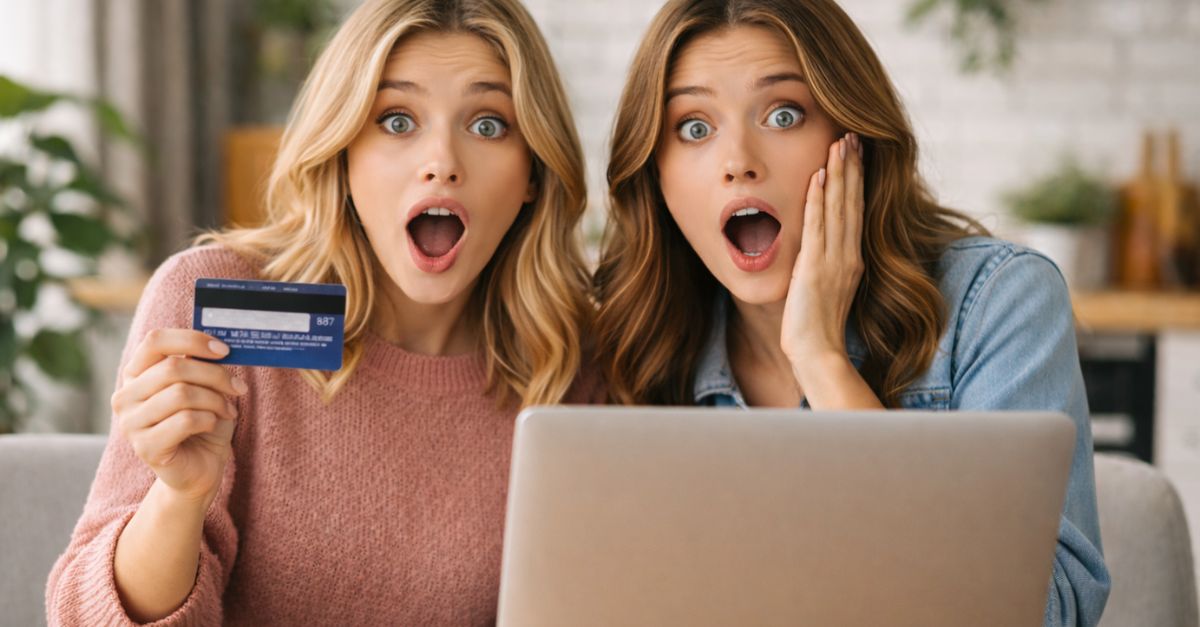 Shocked expressions over a credit card