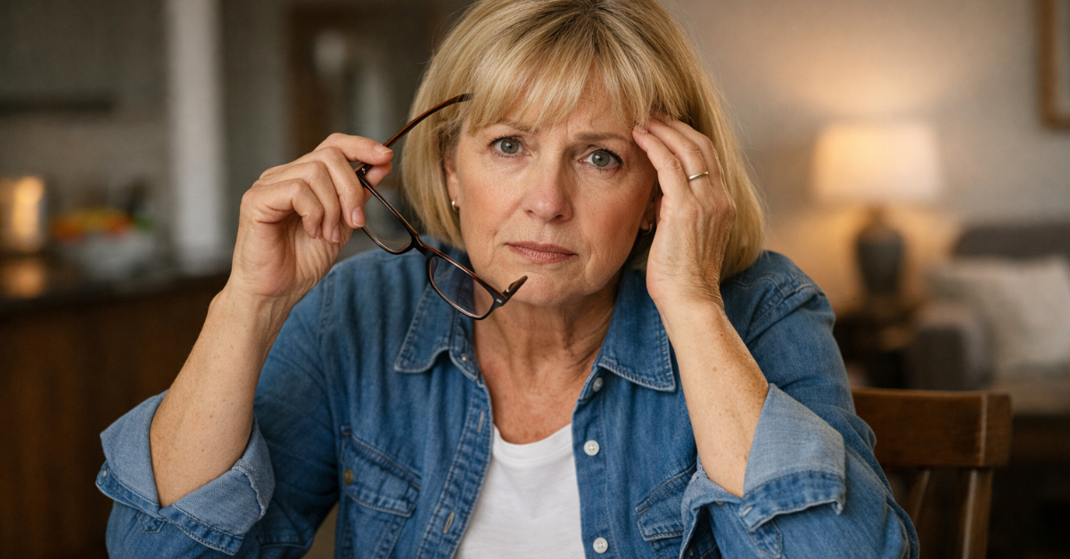 Older woman contemplating finances at home