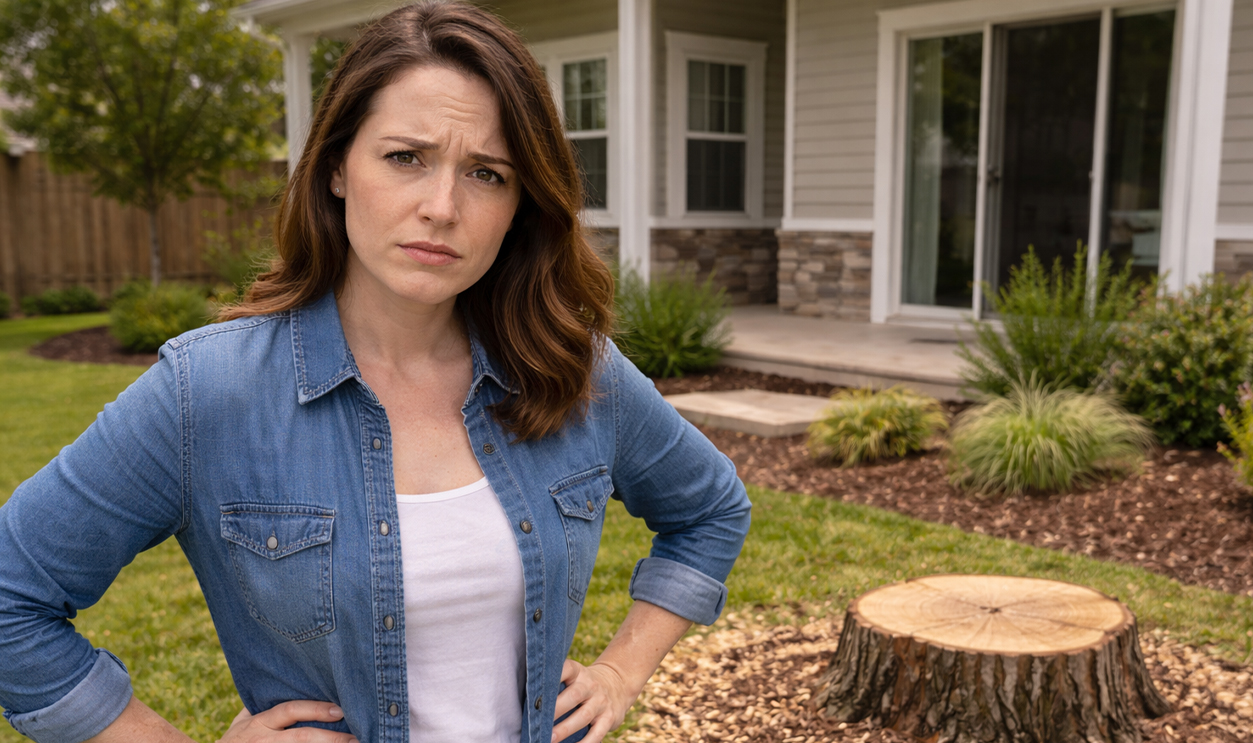 AI-generated image of a new homeowner concerned about a missing tree