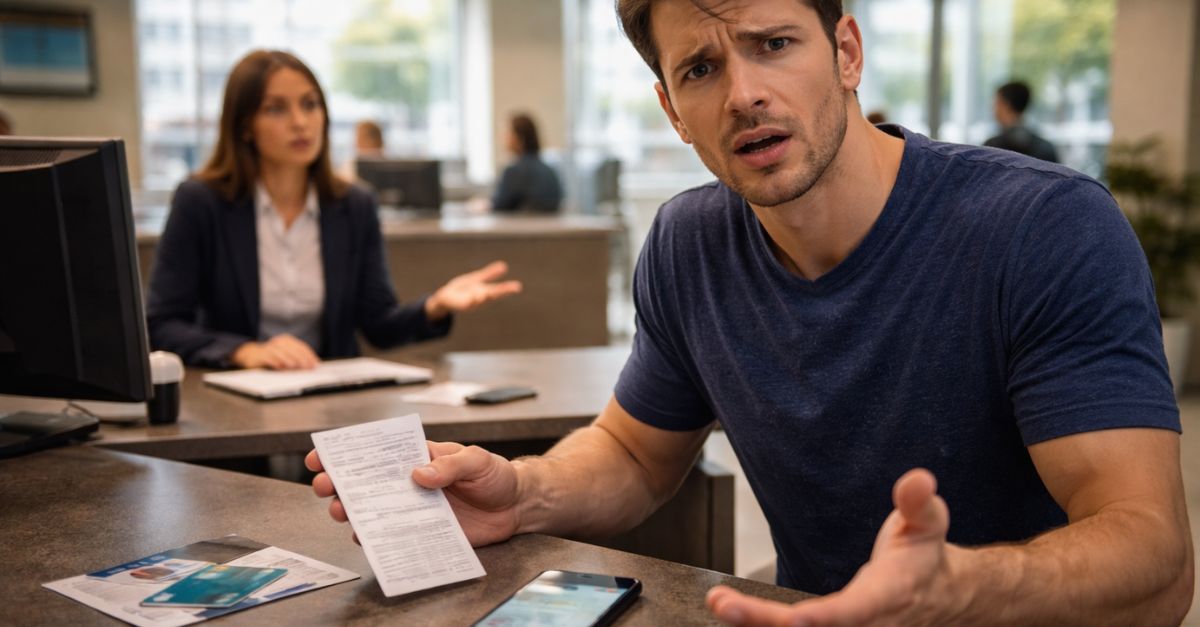 man inside bank with a teller behind the counter in the background