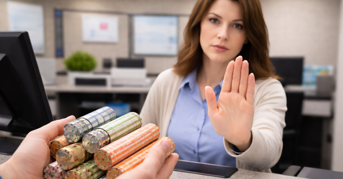 Teller refuses rolled coins at bank