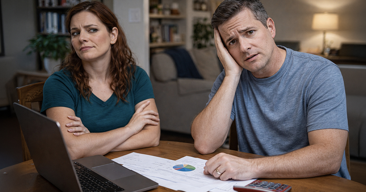 Concerned husband and wife budgeting at the table.