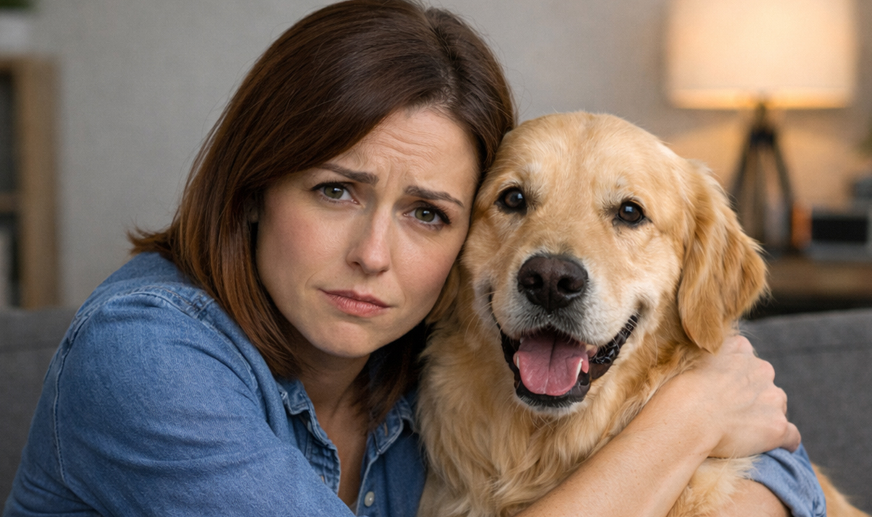 AI-generated image of a woman worried about losing her pet dog during breakup.