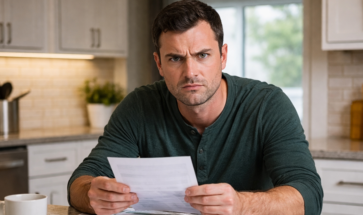 AI-generated image of a man worried about his ex wife's credit card debt.