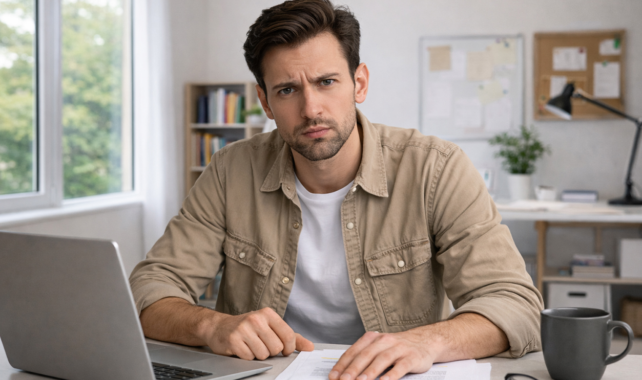 AI-generated image of a man upset about a freelance contract dispute.