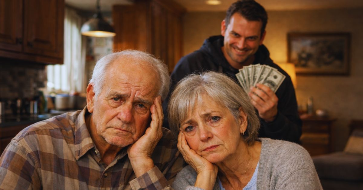 Elderly couple sad with evil relative in the background