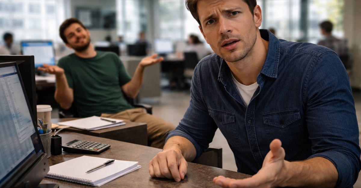 concerned man in office with coworker