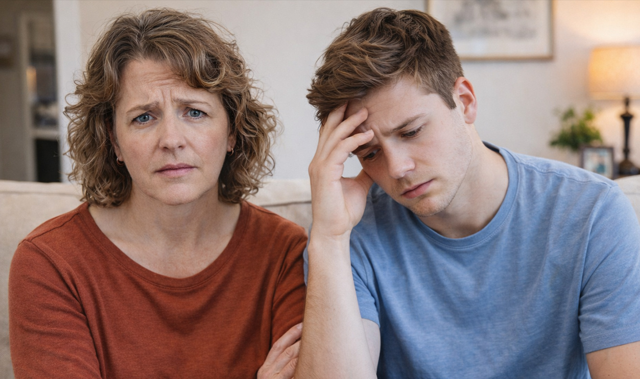 A concerned mother with her son.