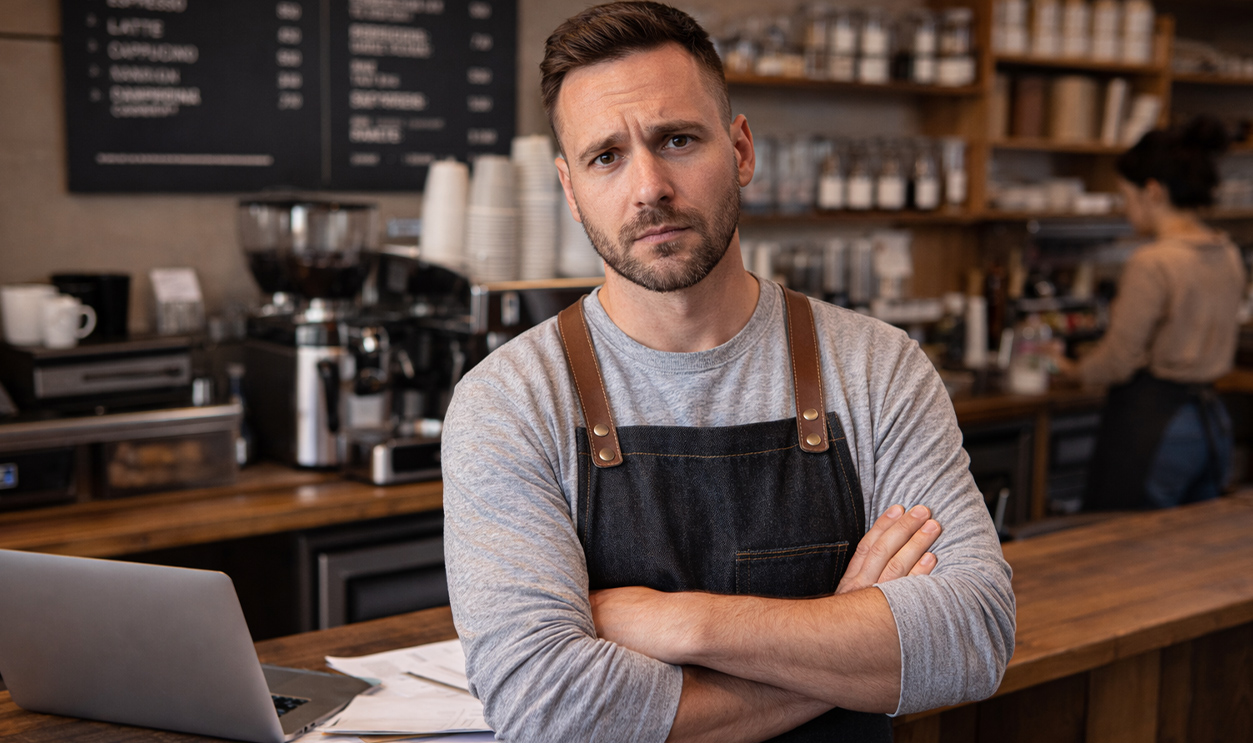 AI-generated image of a concerned coffee shop owner.
