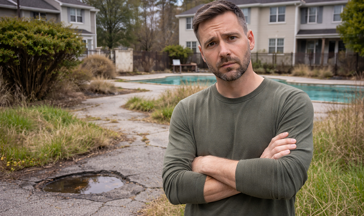 AI-generated image of a man standing in front a neglected HOA common area.