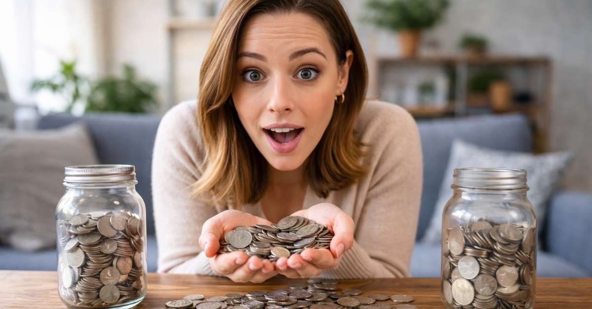 Surprised woman lots of coins