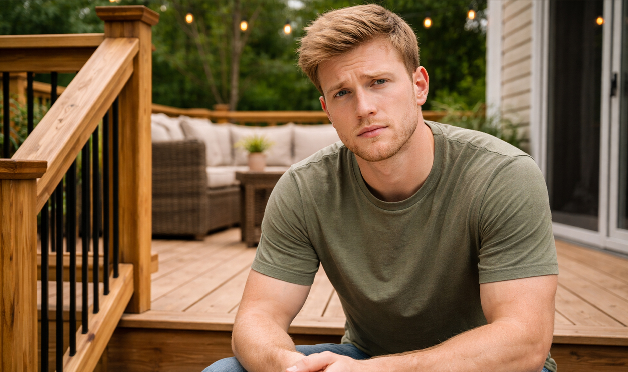 AI-generated image of a man concerned about his deck and city permits.