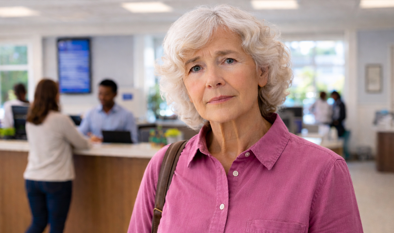 AI-generated image of woman trying to redeem savings bonds at the bank.